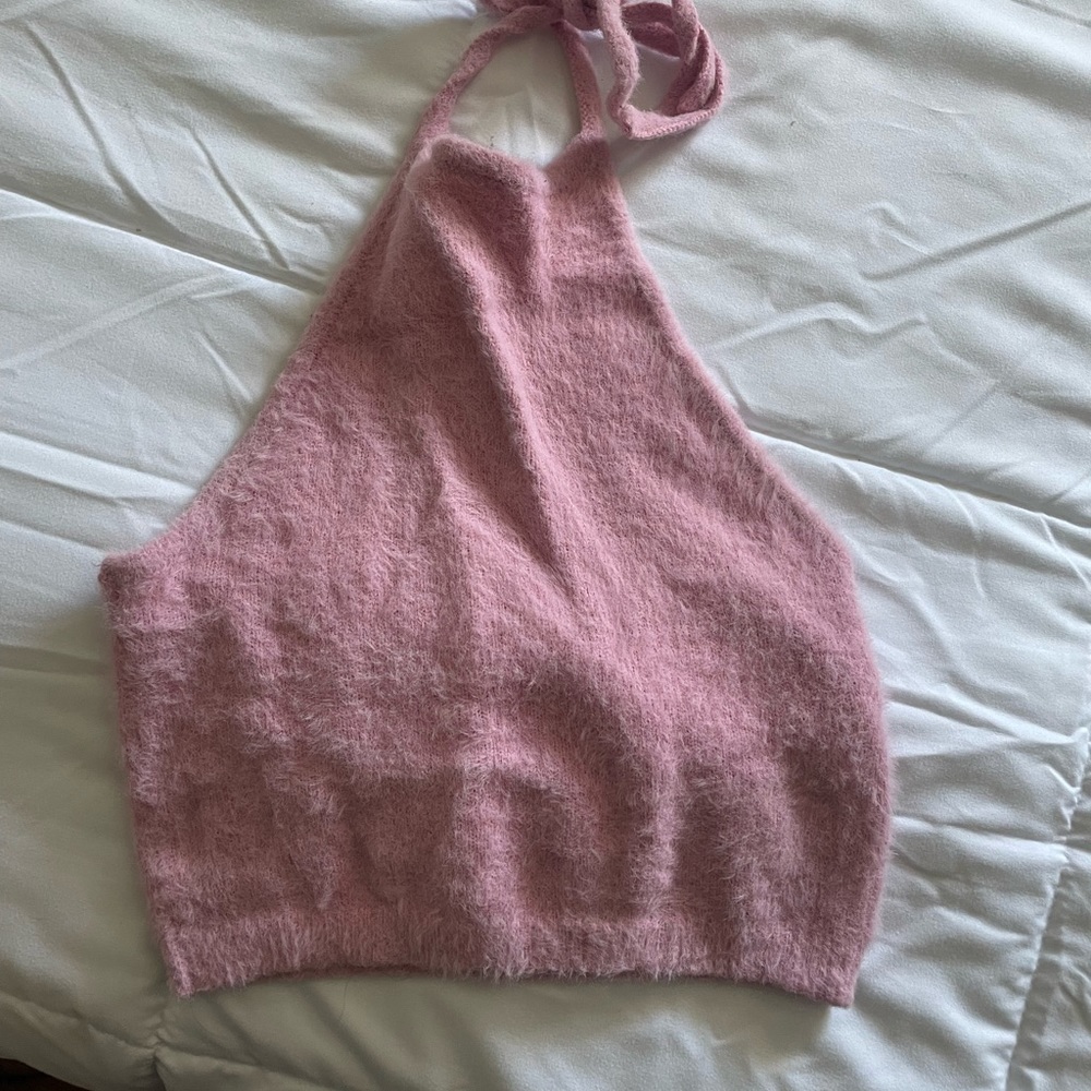 fuzzy pink halter neck crop top